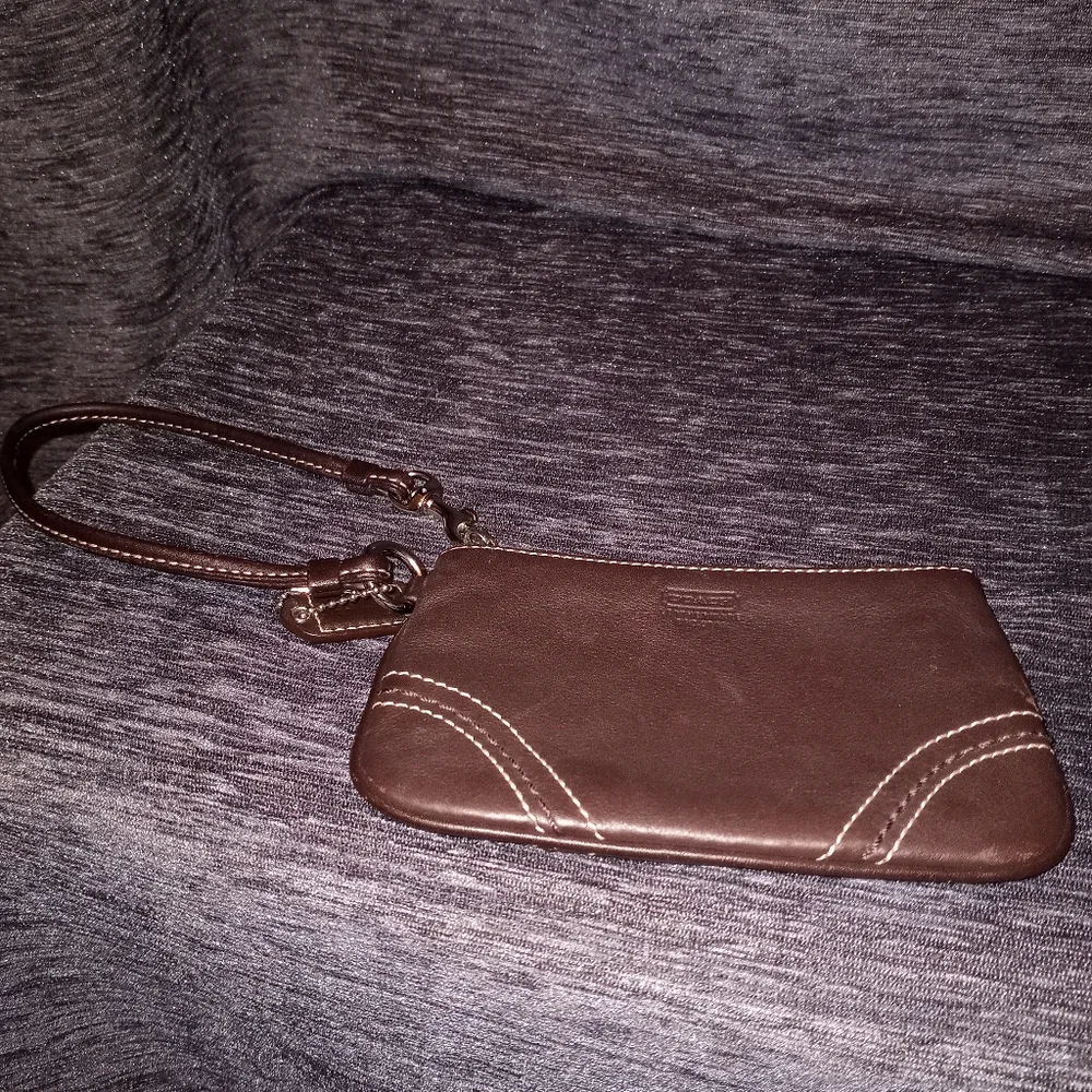 Coach Hampton Wristlet in Dark Chocolate Brown with White Stitching